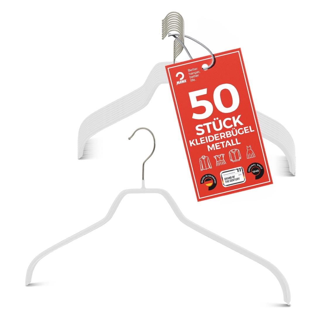 MAWA Kleiderbügel, Set mit 50 platzsparenden und rutschfesten Bügeln, ideal für Hemden und Blusen, mit 360°drehbarem Haken, Antirutschbeschichtung, 41 cm, Weiß