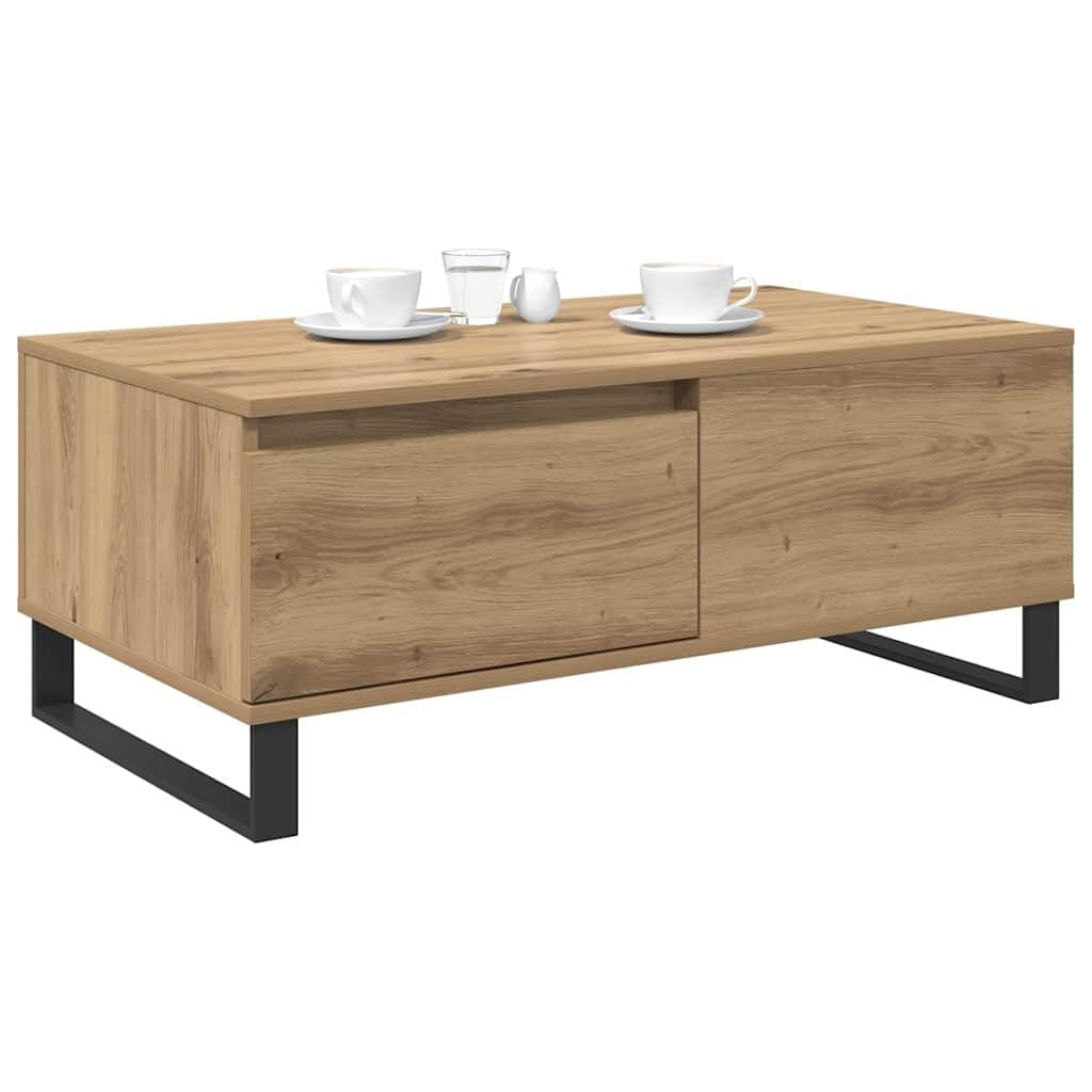 Stolik kawowy z materiału drewnopochodnego z 2 szufladami i stalowymi nogami w nowoczesnym, minimalistycznym wzornictwie do salonu, 90 x 50 x 36 5 cm