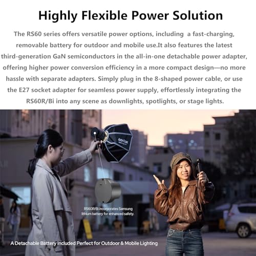 Image of Godox RS60Bi 2K Kit Bi-Color RGB LED Monolight with Bluetooth&DMX Control, 2800K-6500K CCT, 97+CRI, 98+TLCI, 60W USB-C Input, Linear Dimming,Compact Design for Studio,Photography,On-Location Lighting