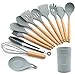 FXY Utensili da Cucina Set, Acciaio Inossidabile e Strumenti di Cottura in Silicone Antiaderente (Grigio)