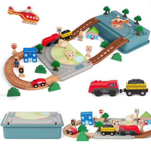 Wooden Train Set for Toddler, 40 Pcs with Wooden Tracks fits Thomas, fits Brio, fits Chuggington, fits Melissa and Doug - Expandable, Changeable Train Toy for 3 4 5 Years Old Girls & Boys