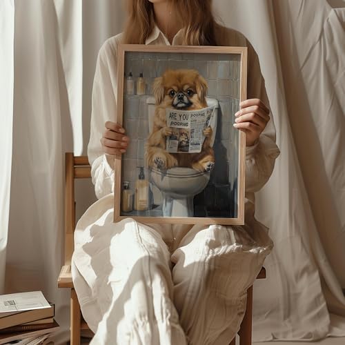 Image of Pekingese on Toilet Wood Framed Wall Art Print Poster, Dog Bathroom Humor Decor Posters Prints for Restroom Home Picture Painting Artwork Gallery 7 (Pekingese, 10 inchL x 8 inchW, Wood Frame)