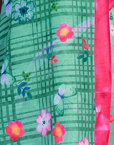 Image of SIRIL Women's Cotton Linen Printed Zari Border Saree with Unstitched Blouse Piece
