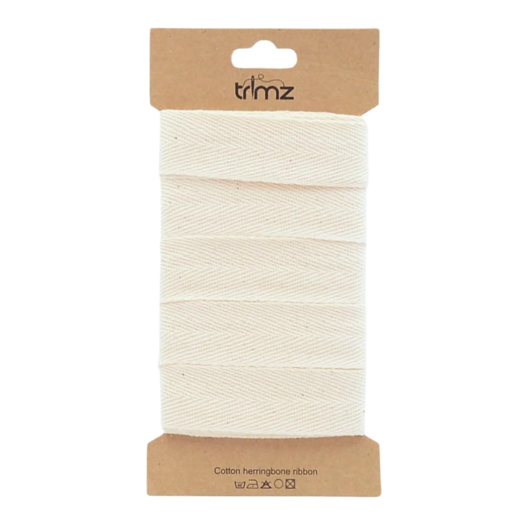 Trimz Single Herringbone Cotton Ribbon, Natural, 25mm x 5m