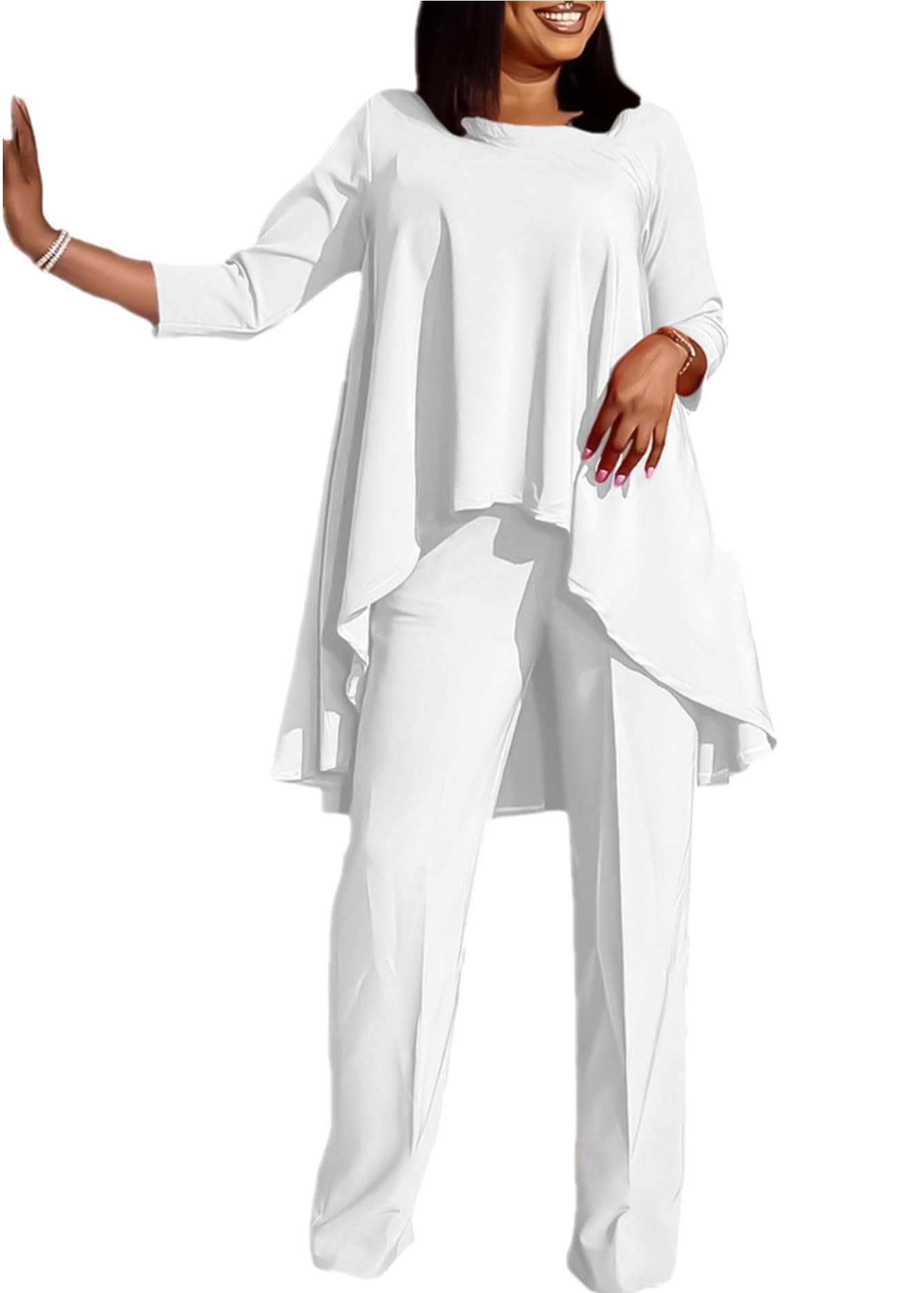 Photo 1 of ANICECUT Plus Size 2 Piece Sets for Curvy Women Sexy Fall Long Sleeve Tops Wide Leg Casual Pants Sets Sweatsuits White 5XL