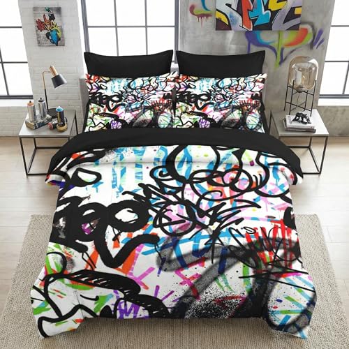 WeCozy 7 Pcs Queen Size Comforter Set with 2 Pillowcases & 2 Shams, Urban Modern Fashion Bedding for Kids and Adults, Abstract Graffiti Bed in a Bag with Flat Fitted Sheet