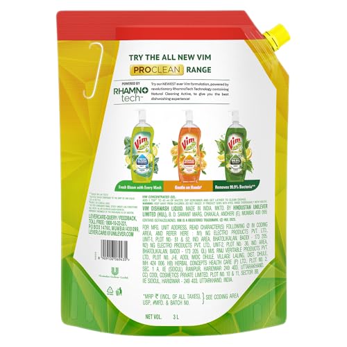 Image of Vim Dishwash Liquid 3 L pouch | Removes 100+ Odours & Grease in 1 wash | With the power of 100 Lemons