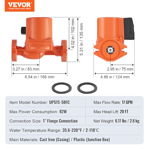 Image of VEVOR UPS15-58FC 17 GPM Cast Iron Circulation Pump, 1 inch NPT Flange 3-Speed Hot Water Recirculating Pump, Quiet Operation Circulator Pump for Floor Heating /Home Water heater System