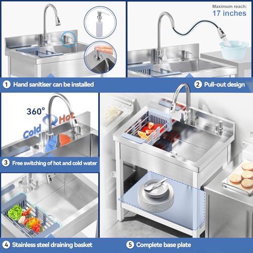 Image of Freestanding Stainless Steel Utility Sink with Retractable Cold and Hot Water Faucet,Hoses and Drain Kit for Kitchens, Bathrooms, Garage, Laundry Room