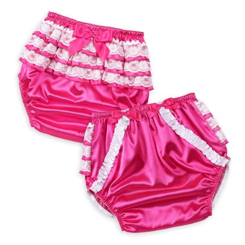 Image of Littleforbig Washable Ruffled Lace Bow Pretty in Rose Satin Over Diaper Cover S