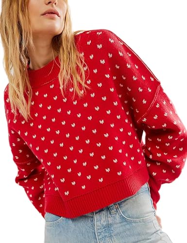 Womens Cropped Pullover Sweater Polka Dot Chunky Knit Sweater Floral Printed Crewneck Long Sleeve Fall Winter Outfits
