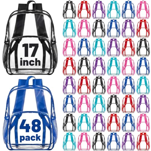 Image of Amylove 48 Pcs Clear Backpack bulk for Stadium Events Heavy Duty PVC Transparent Bookbag for College Workplace Security (17 Inches,6 Colors)