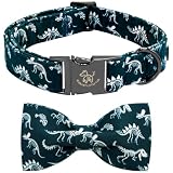 Elegant little tail Dog Collar, Dinosaurs Print Pet Collars with Bow Soft Cutton Boy Puppy Gift Adjustable Blue Bowtie Dog Collar for Small Dogs