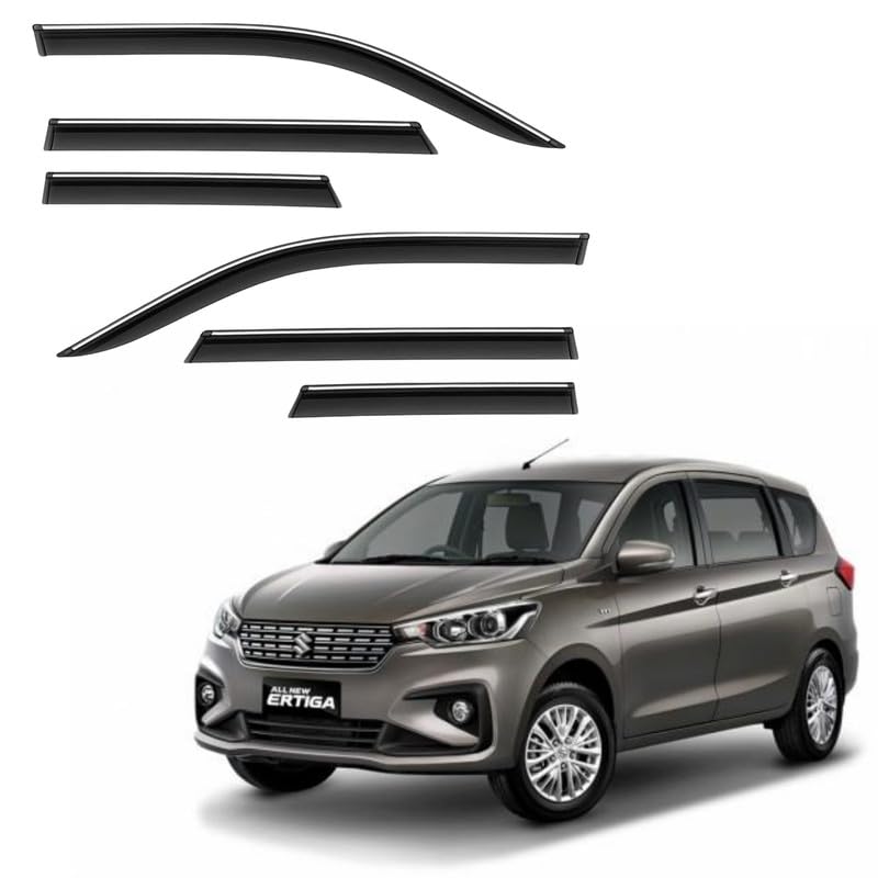 Image of CAR SAAZ Side Door Visors for Ertiga Type 3 (2018-2022)(Set of 6Pcs)|Chrome Lined Rain Guards, Polycarbonate, Smoke Finish