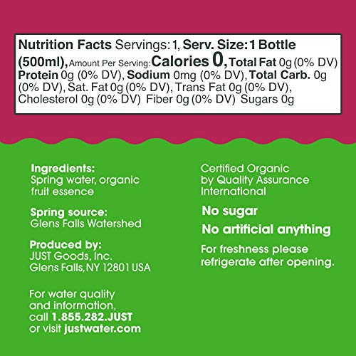 JUST Water Variety Pack - Spring Water Infused with Organic Fruit – Eco-Friendly Boxed Bottled Water - Zero Sugar, Artificial Flavors, or Sweeteners, Alkaline pH of 8.0 - 16.9 fl oz (Pack of 12)
