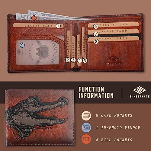 Crocodile Mens Leather Wallets,Personalized Retro Bifold Wallet For Men,RFID Blocking Nice Men's Wallet,Gifts for Him Husband,Boyfriend Gift (Brown Upgrade)3