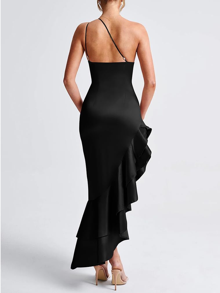 LAGSHIAN Women's Elegant One Shoulder Ruched Asymmetric Ruffle Satin Cocktail Party Maxi Dress - Image 7