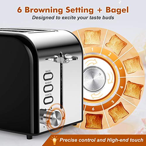 Toasters 2 Slice Best Rated Prime Wide Slot 2 Slice Toaster 1.5in with Bagel/Reheat/Cancel Function Stainless Steel Cool Touch Black Toaster for Bread with Removable Crumb Tray (Black)
