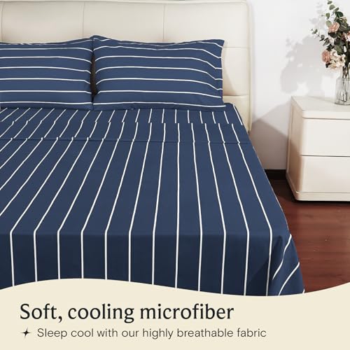 Image of LuxClub 4 PC Cal King Size Sheet Set, Breathable Luxury Bed Sheets, Deep Pockets 18 inch Wrinkle Free Cooling Machine Washable Hotel Bedding (Striped Navy)