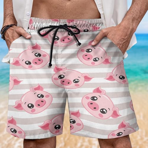 Piggy Men's Swim Trunks - Hawaiian Hog Lover Mens Swim Trunks with Mesh Lining Swimwear Bathing Suits Set 072