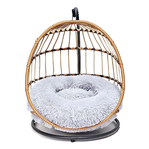 SWITTE Cat Hammock Chair Bed - Removable & Washable Cushion, Hanging Rattan Swing for Indoor Outdoor Cats & Small Dogs - Light Grey