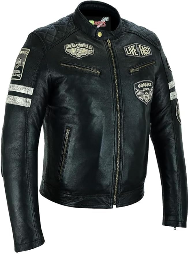 Genérico Bstar Męska skórzana kurtka motocyklowa Kurtka motocyklowa Touring Kurtka z odznakami Ochrona przed wiatrem Sprzęt ochronny Ciało Lato Zima Czarny 4XL