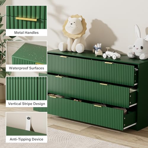 Image of Furniway Green Dresser for Bedroom, Modern Dresser with 6 Drawers and Smooth Slides, Wide Chest of Drawers with Golden Handles for Bedroom, Living Room, Closet, 15.7 inch D x 55.1 inch W x 31.4 inch H