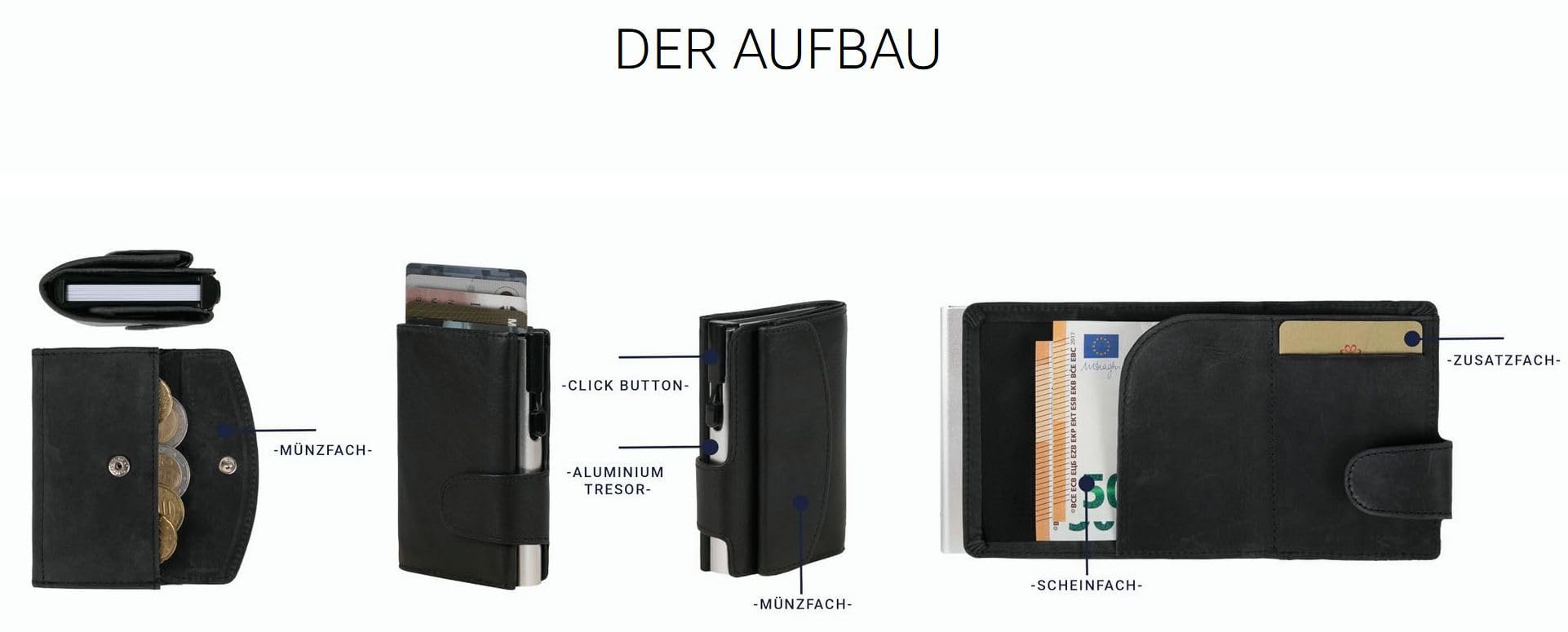 962508 Kreditkartenetui mit Münzfach und Geldscheinfach aus cognacfarbenem Büffelleder mit champagnerfarbenem Aluminium Tresor und RFID Schutz (Kartenetui, Kartenhalter, Slim Wallet)