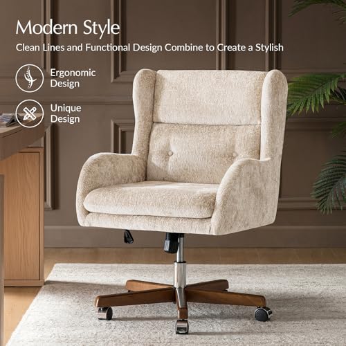 Image of HULALA HOME Modern Swivel Office Chair with Solid Wood Base, Oatmeal