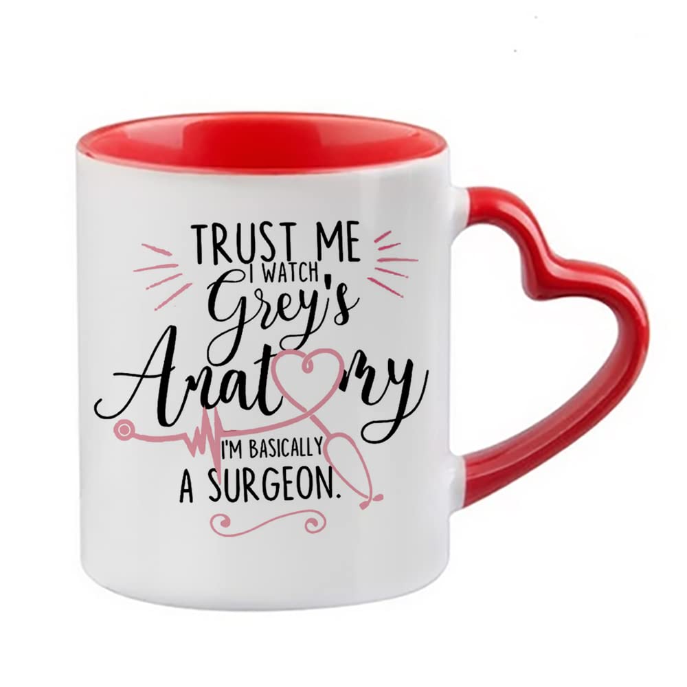 Giftme Trust Me I Watch I'm Basically A Surgeon Birthday Secret Santa Coffee Tea Mug Unique Heart Handle Ceramic Mug. (Red Heart Handle Mug)