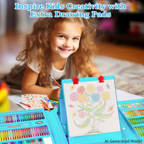 Image of KINSPORY Art Set for Kids, 290 Pack Double-Side Easel Drawing Kits (Blue) | Creative Gift, art & crafts supplies, Coloring, oil pastel, crayon, colored pencil, watercolour pen, Beginner Artist Girl Boy