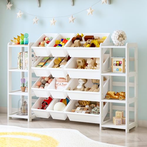 MallBest Extra Wide Toy Storage Organizer with 12 Bins and Dual Bookshelves – Solid Pine Wood Kids Toy Shelf and Bookcase for Bedroom, Nursery, or Montessori Playroom(White)