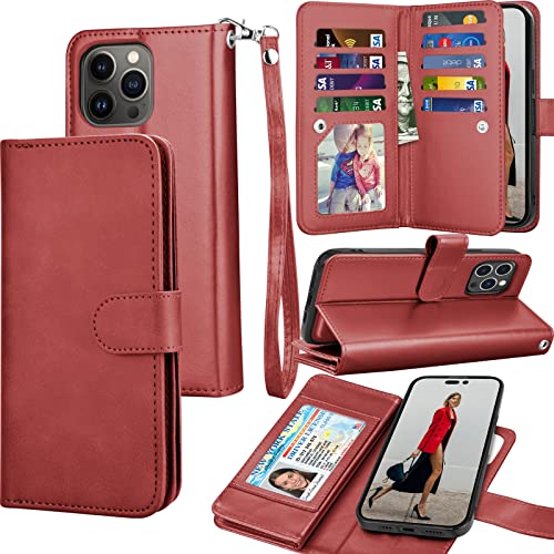 Tekcoo Wallet Case Compatible with iPhone 14 Pro Max (6.7 inch) 2022 Luxury ID Cash Credit Card Slots Holder Carrying Pouch Folio Flip PU Leather Cover [Detachable Magnetic Case] - Wine Red