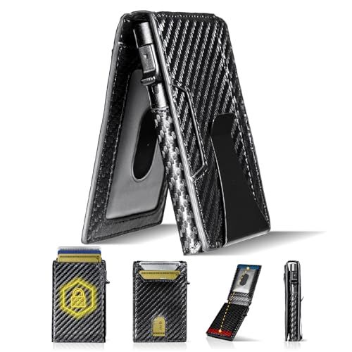 Wallet for Men, Slim Minimalist Mens Wallet for RFID Blocking, Front Pocket Credit Card Holder Wallets with Money Clip & ID Window, Smart Pop Up Metal Case Gift for Men, Carbon Fiber Black
