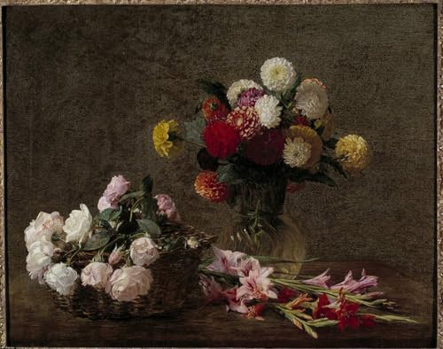 Lienzo póster Dalie e rose in un cesto de Henri Fantin Latour decoración 60x90cm