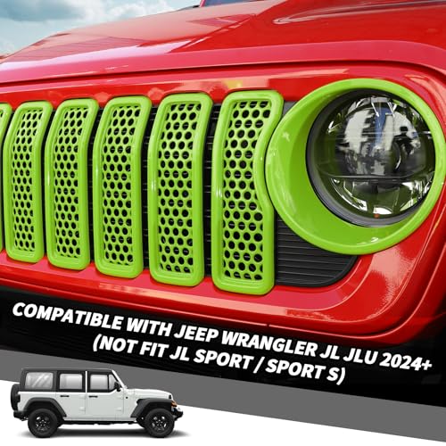 Image of 9PCS Headlight Cover & Front Grill Mesh Inserts Compatible with Jeep Wrangler JL JLU 2024+, NOT FIT JL Sport /Sport S (Green)