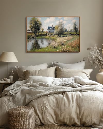 Image of KISSFOX Vintage Framed Wall Art Decor Countryside Landscape Pictures Wall Decor Rustic River Cottage Canvas Art Prints Modern Farmhouse Impressionist Paintings Artwork For Bedroom Living Room