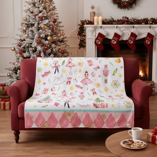 Buryeah Pink Christmas Nutcracker Throw Blanket Nutcracker Ballet Blanket Xmas Warm Flannel Fleece Throw Comfortable Cozy Decorative for Christmas Home Bed Sofa Couch Decor