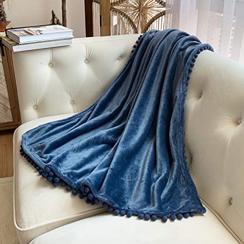 LOMAO Flannel Blanket with Pompom Fringe Lightweight Cozy Bed Blanket Soft Throw Blanket fit Couch Sofa Suitable for All Season (51x63) (Aegean Blue, 51''x 63'')