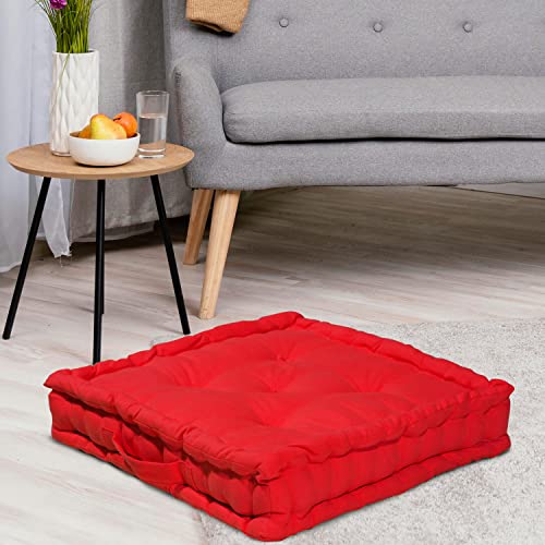 Image of HOME COLORS.IN Cotton Floor Cushion Square Chair Pad Seat Cushion for Living Room, Bedroom, Balcony Seating, Car Seat, Office Chair, Sofa & Meditation - 50x50x10 cm - Red