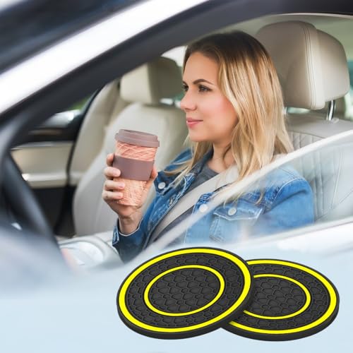 Image of Osilly Car Coasters for Cup Holder, 2.75 Inch No-Slip Anti Dust Insert Coaster, Universal Auto Waterproof Coasters Silicon Insulation Cup Mats for Woman Man, Suit for Vehicle (Black /Yellow, 4PCS)
