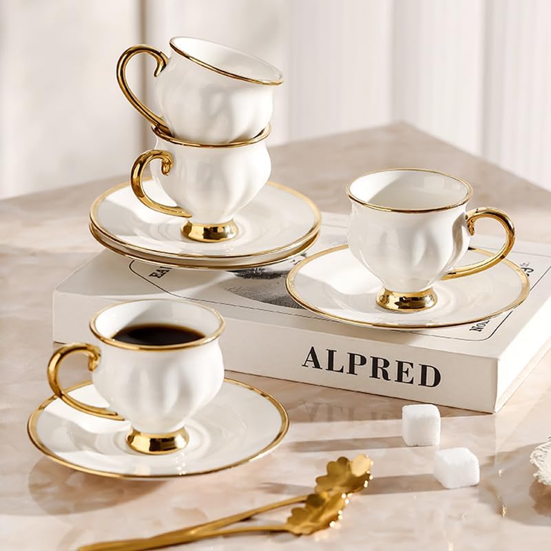 Ceramic coffee cups and saucers, 6 cups 6 saucers 6 spoons, 18 pieces 3 ounce gold rim cup sets, teacup tea set sets, suitable for cappuccino, latte, mocha (Contemporary)