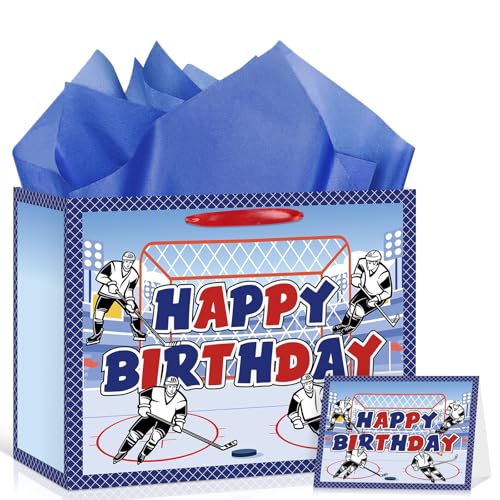Frakron Hockey Birthday Gift Bag for Boys Kids with Blue Wrapping Tissue Paper & Greeting Card Large Winter Sports Themed Gift Bag Set for Ice Hockey Birthday Party Decorations Favors Supplies