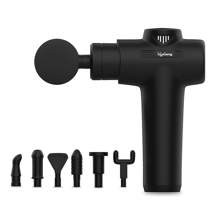 Title: Lifelong Handheld Gun Massager Machine for Pain Relief | Body Massager | 6 Speed Settings | 1200 mAH Battery | 7 Heads | Best Gift for Men & Women (LLGM109, Black) at Rs. 999