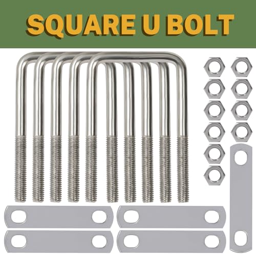 Image of LIONMAX U Bolts 3 Inch Wide, 5 Pack, 1 /2 inch D x 3-1 /16 inch W x 5-5 /16 inch L, M12 | Stainless Steel Square U Clamp, Corrosion Resistant, with Plates, Washers, Nuts, Heavy Duty for Trailer, Boats, Tube, 3 inch Wide