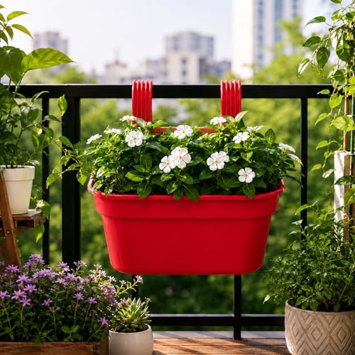 Image of Go Hooked 12 Inch Plastic Railing Hanging Planter Pot Set of 7 | Rectangular Flower Pots with Double Hook for Garden Fence Balcony Indoor Outdoor Home Decor | Durable Plant Container (Red)