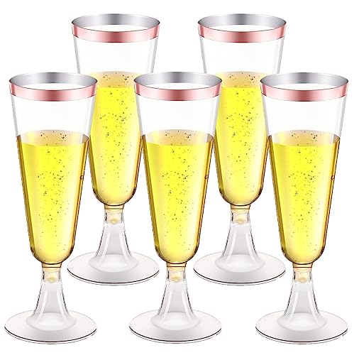 LATERN 50 Piezas Copas de Champán con Borde de Oro Rosa, 150ml Copas de Champán de Plástico Copas de Vino de Fiesta con Tallo Reutilizables para Aniversario Bodas Jardín Fiestas (5,5 x 16,5cm)