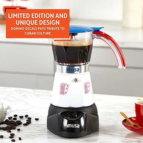Image of Imusa Special Edition Electric Cuba /Domino themed Espresso Maker, 3 or 6 Cups, White, Red, Blue