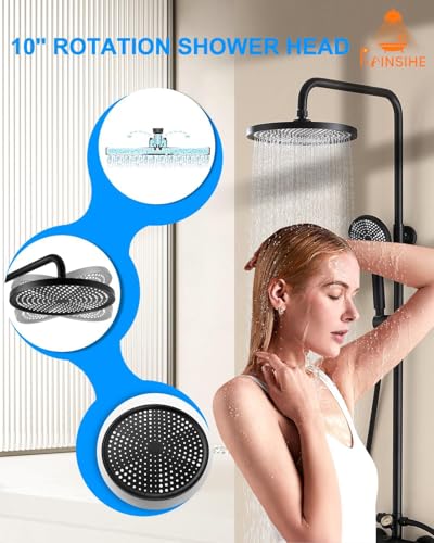 Kit de ducha exterior con sistema de ducha expuesto, válvula de latón con termómetro de dial, cabezal de ducha tipo lluvia de 10'' y combinación de ducha de mano - Negro para montaje en pared miniatura 4