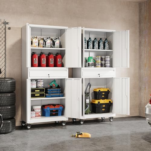 DEVAISE Metal Storage Cabinet with Wheels, White Garage Storage Cabinet, 71" Rolling Tool Cabinet with Lock and Adjustable Shelves, 4 Door Tool Cabinet for Basement, Pantry, Warehouse and Office - Image 3